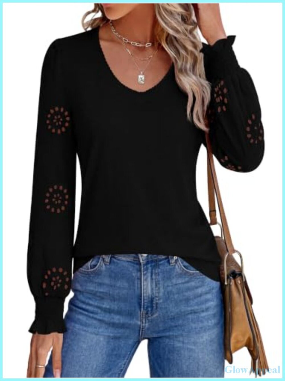 Women's V Neck Lace Long Sleeve Scalloped Eyelet Tops Ruffle Blouse